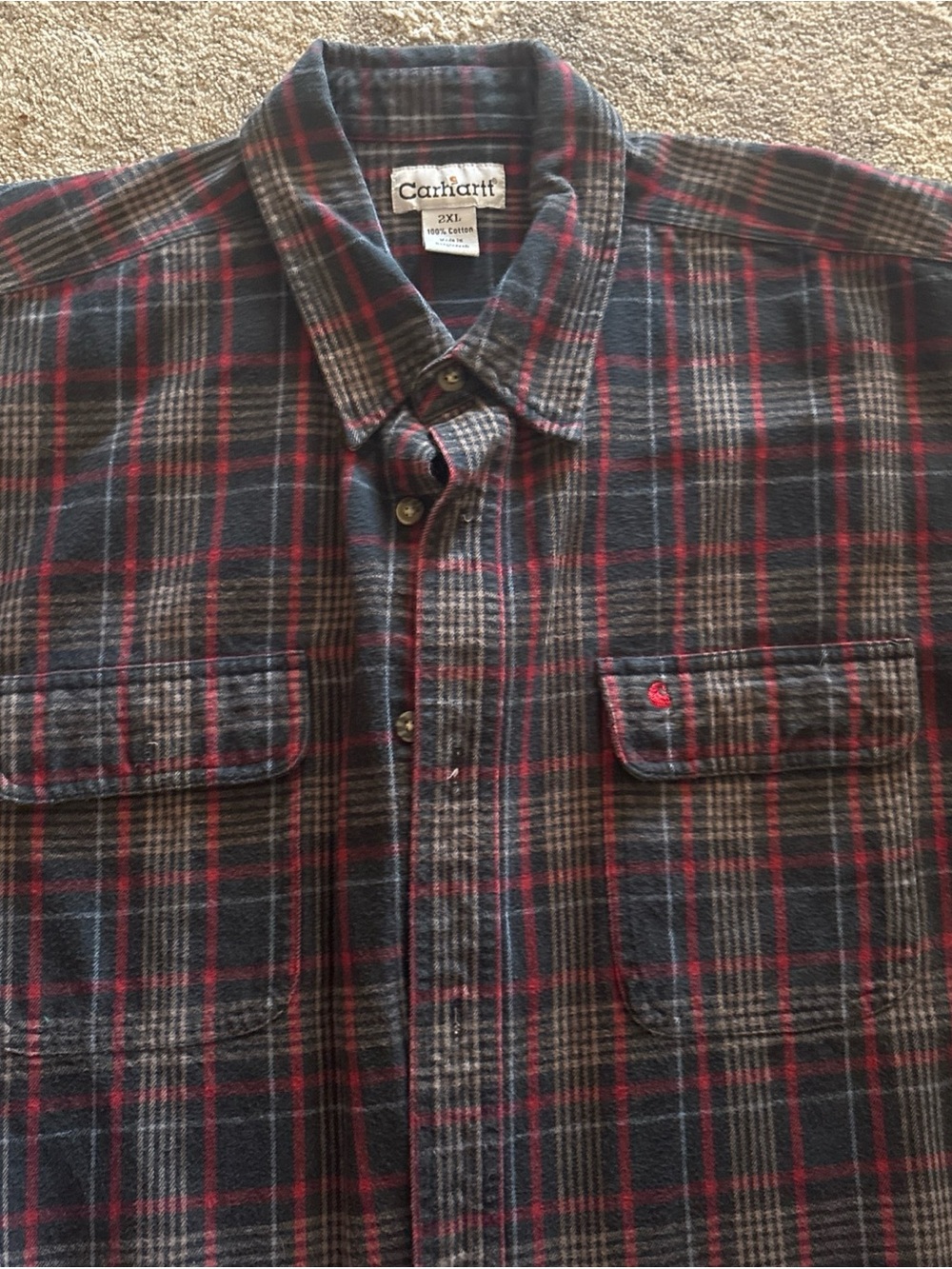 Vintage Carhartt Men’s Plaid Button-Down Shirt in Black, Red & Brown
